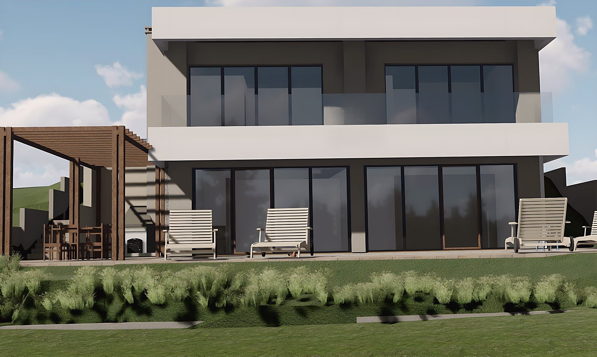 Garden elevation · terrace, pergola and loungers