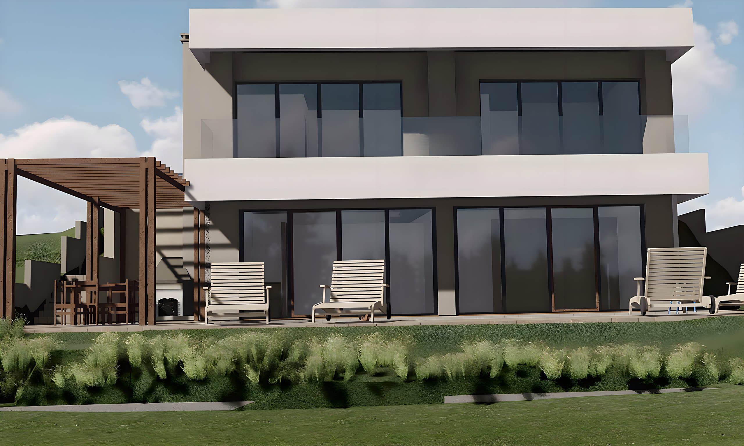 Garden elevation · terrace, pergola and loungers